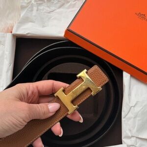 Hermès Reversible Belt – Black Box Leather / Brown Togo, Gold H Buckle